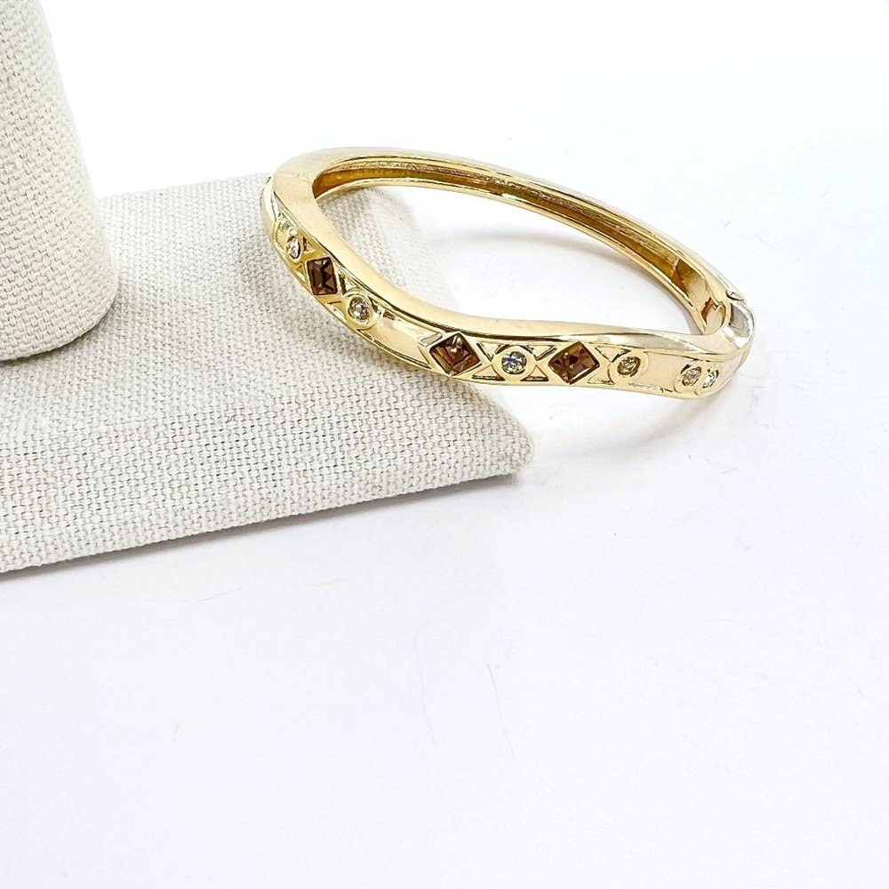 Brown & Clear Gemstone Gold Tone Hinged Cuff Magnetic Closure Bracelet